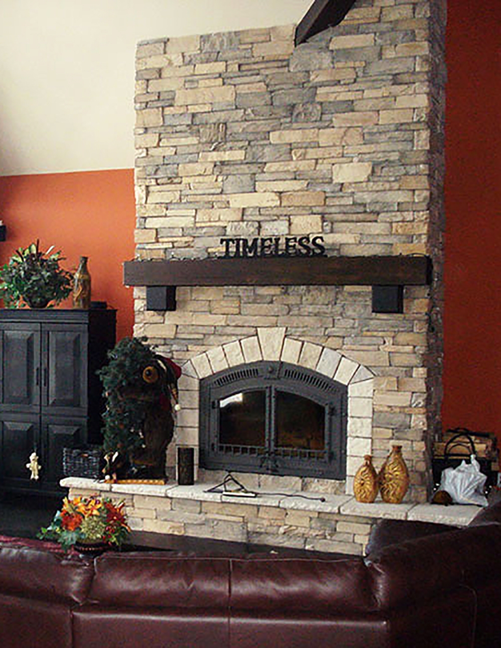 custom built stone fireplace